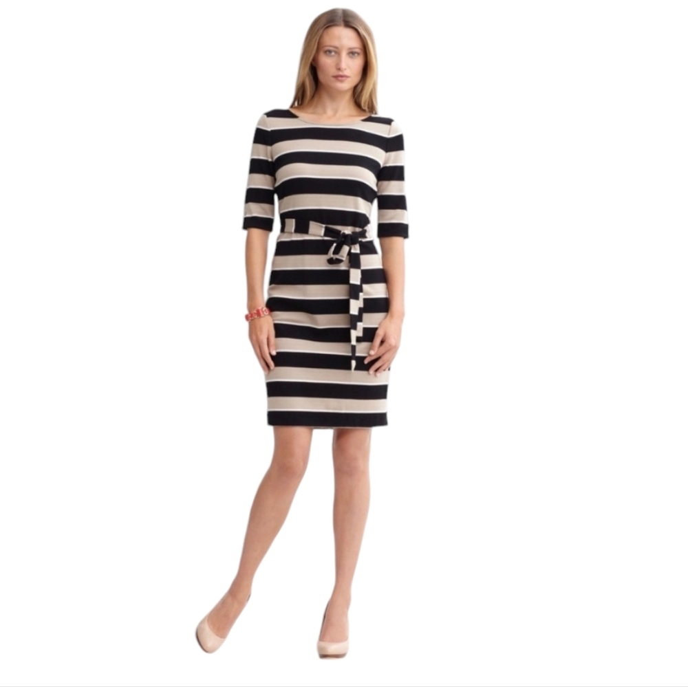 Banana Republic Women's Dress Black Caramel Tan Striped Self Belt Neutral Small